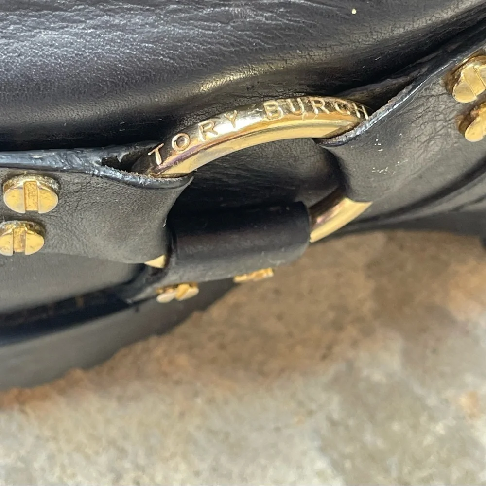 Rare Tory Burch Moto Boot Black Gold Leather Ronnie Biker Lug Sole Womens 7.5 - Picture 9 of 14